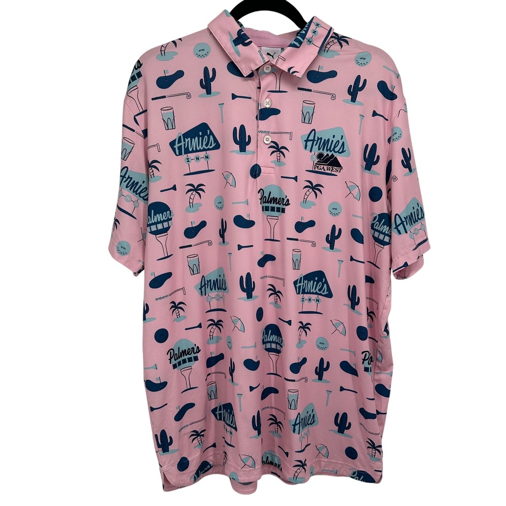 Puma‎ Arnold Palmer Golf Polo Shirt Mens Large Pink Arnie's Inn Desert Print L